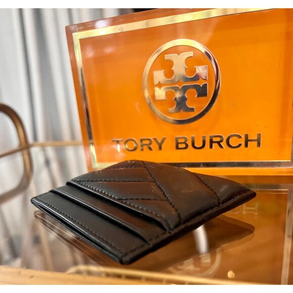 Tory Burch Black Quilted Leather Cardholder Wallet With Gold Logo Accent - Picture 6 of 8